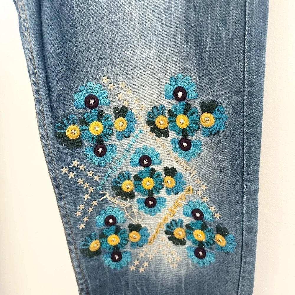 Desigual women's Ethnic stretch jeans floral Y2K 2000 embroidery boho hippie